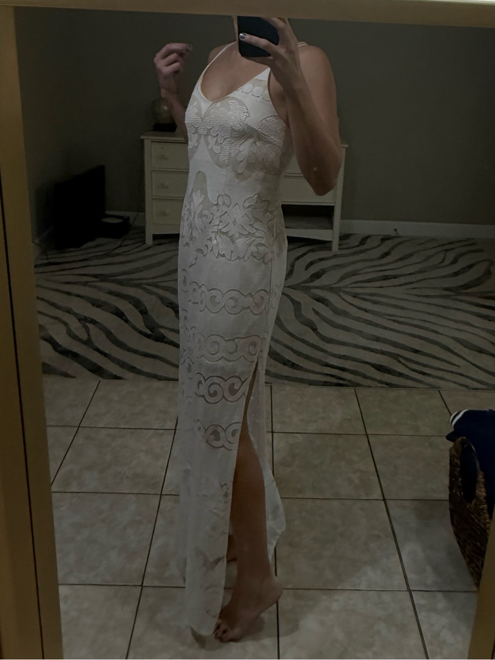 White Lace Maxi Dress with Slim Spaghetti Straps and Side Slit